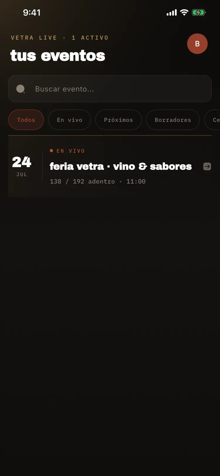 Lista de eventos con la feria en vivo y su aforo