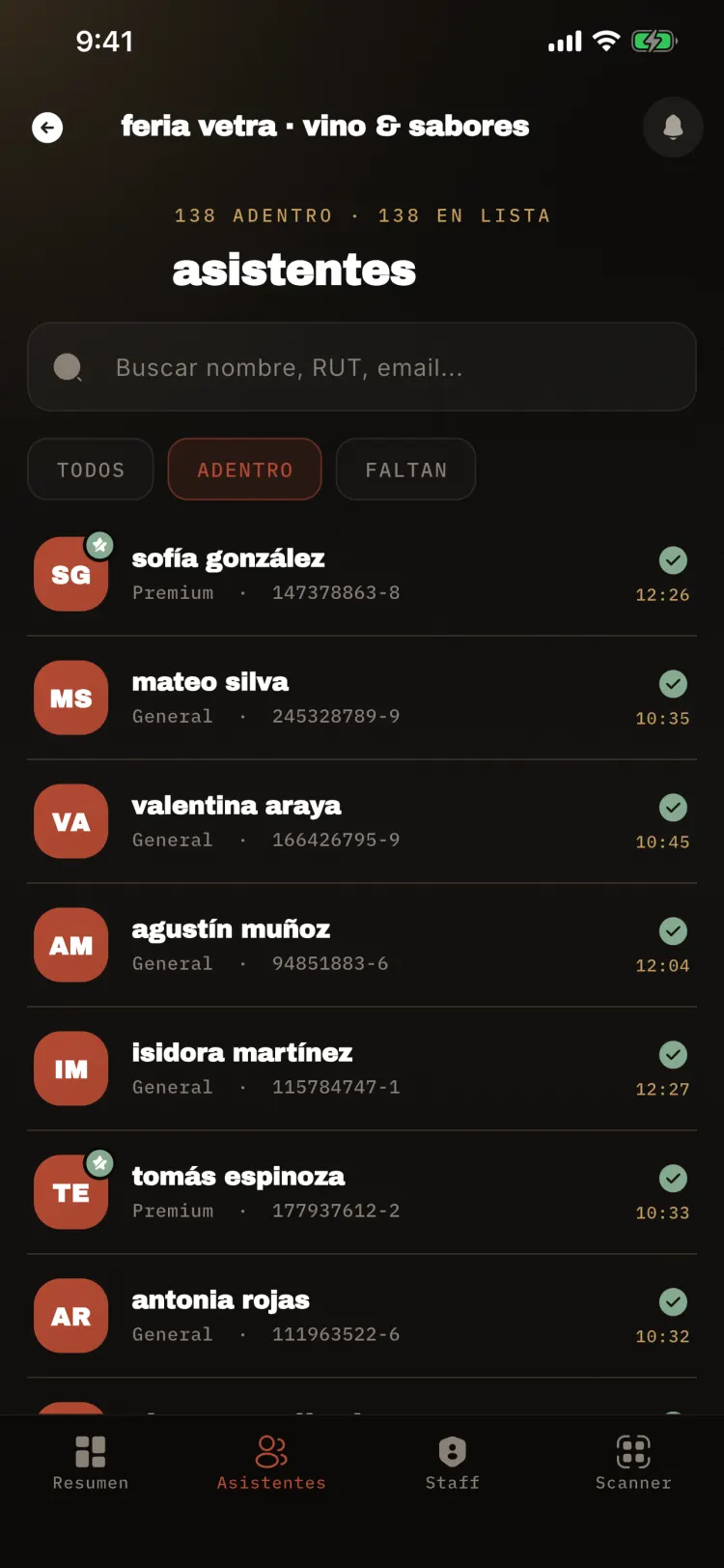 Lista de asistentes adentro con su hora de ingreso